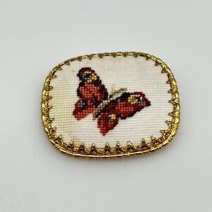 Vintage Needlepoint Butterfly Brooch Pin Cross Stitch Insect Gold Tone